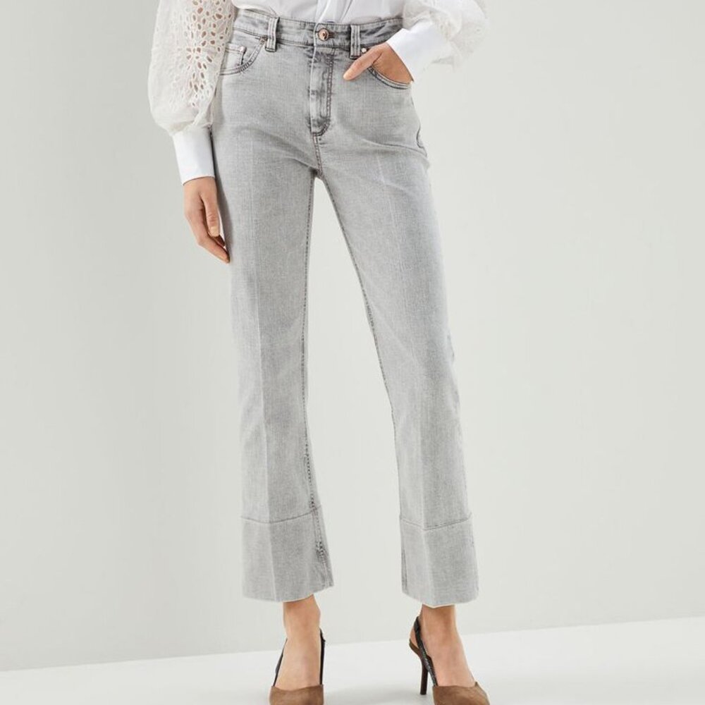 Brunello Cucinelli Monili Tab Jeans Gray Denim Barrel Cuff Kick Flare Size 6 42